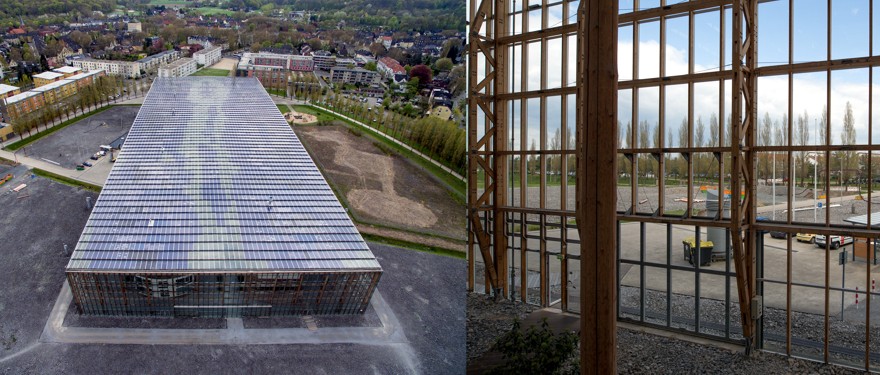 Links: Luftaufnahme der Akademie. Rechts: Wand der Akademie aus Glas und Holz.